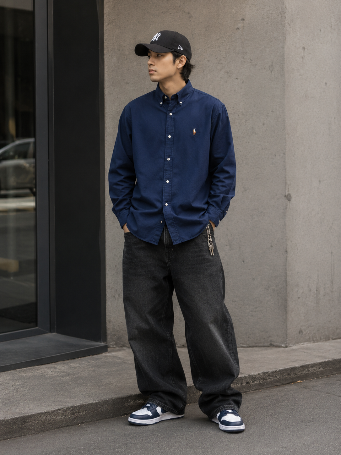 Navy Polo Ralph Lauren classic fit long sleeve shirt laid flat, showing collar, buttons, and chest pocket details.