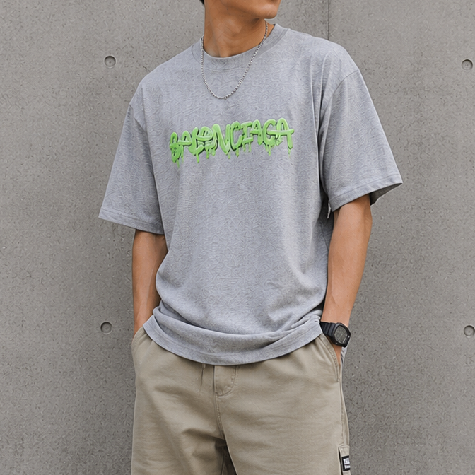 Balenciaga Slime Logo Tee Heather, casual black t-shirt with Balenciaga logo graphic, front view, made of soft cotton fabric.