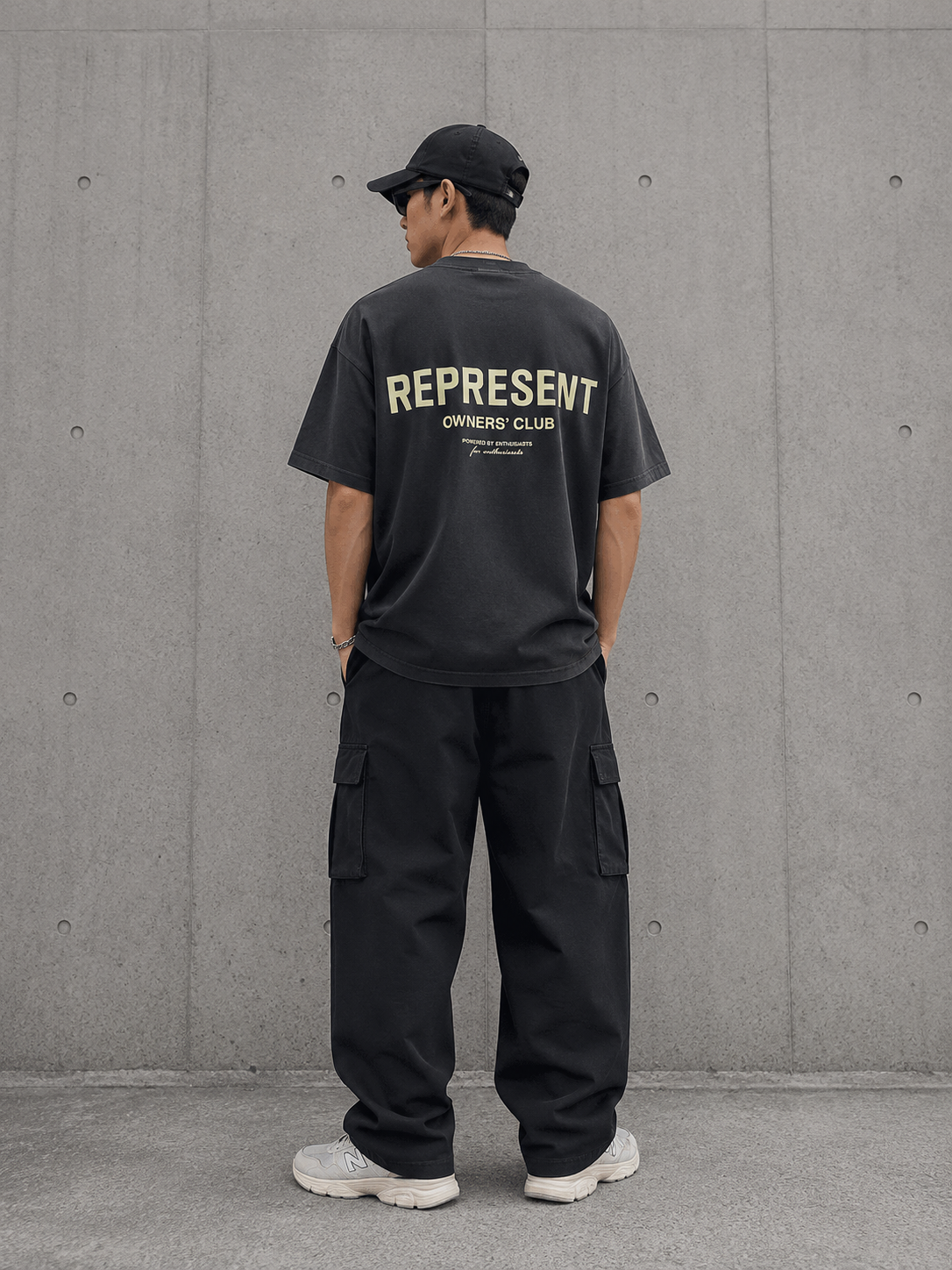 Represent Owners Club Logo Tee in aged black, featuring the brand's distinctive logo on the front, casual fit, and soft fabric.