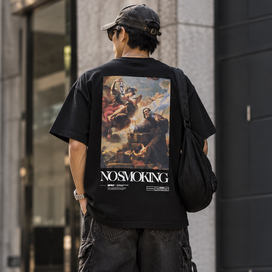 Black FR2 No Smoking Art Tee shirt featuring bold graphic design and casual fit, made from comfortable apparel fabric.