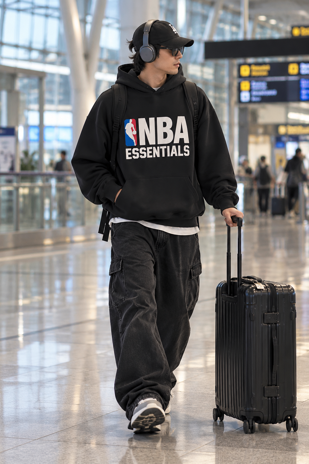 Black Fear of God Essentials NBA hoodie, comfortable apparel with NBA logo, featuring a soft fabric and stylish design.