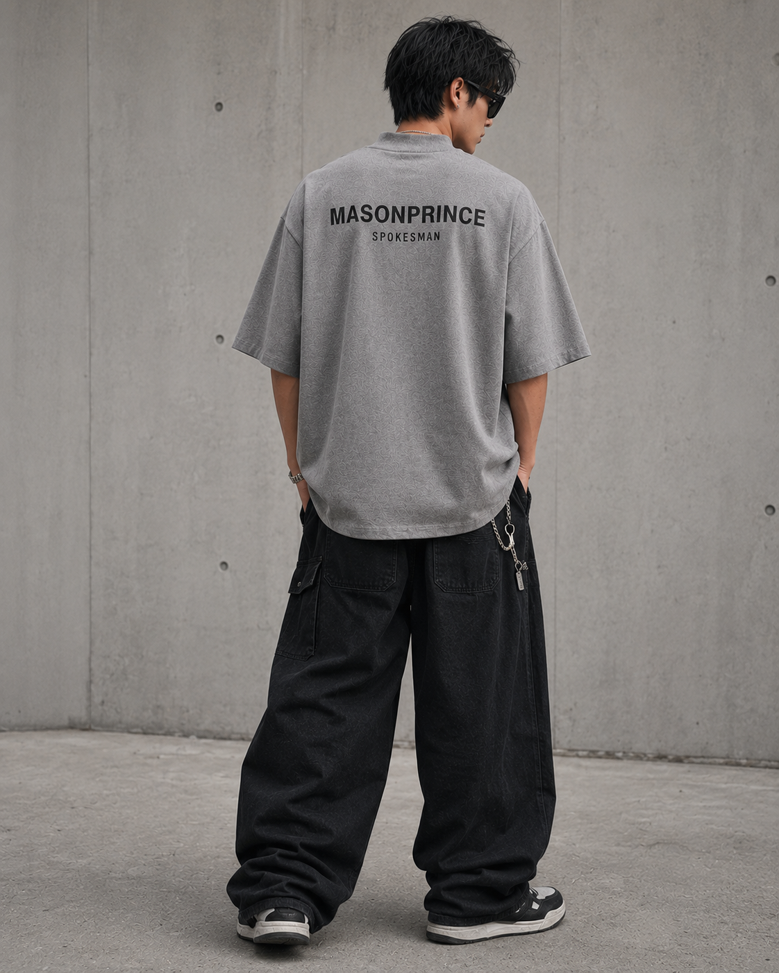 MasonPrince dark grey reflective oversized mock neck tee, casual apparel with reflective details, front view showing fit and fabric texture.