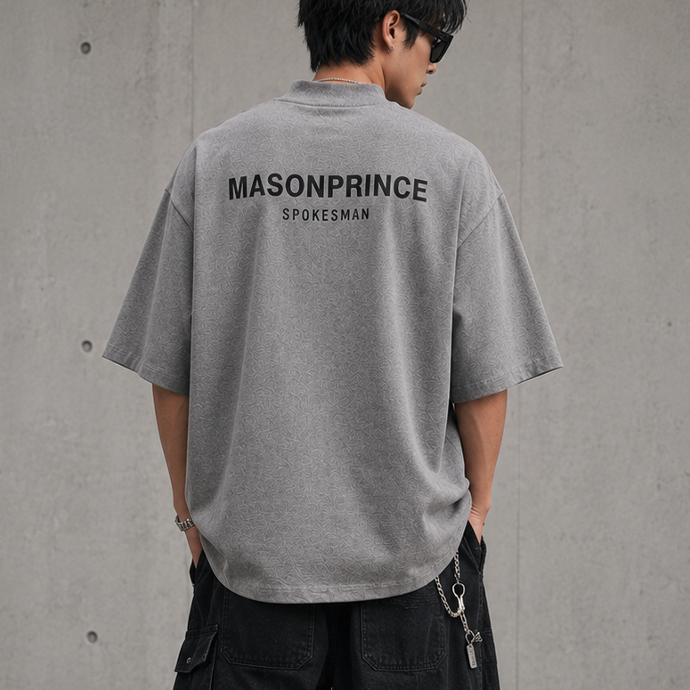 Dark grey MasonPrince oversized mock neck tee with reflective accents, casual fit, and long sleeves.