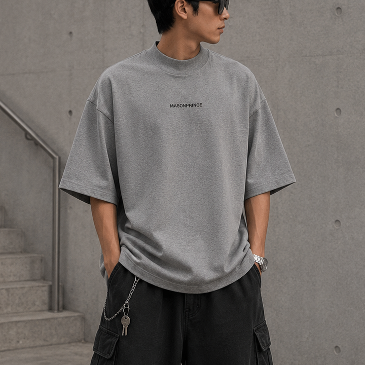 MasonPrince reflective oversized mock neck tee in dark grey, casual apparel with a relaxed fit and reflective details.