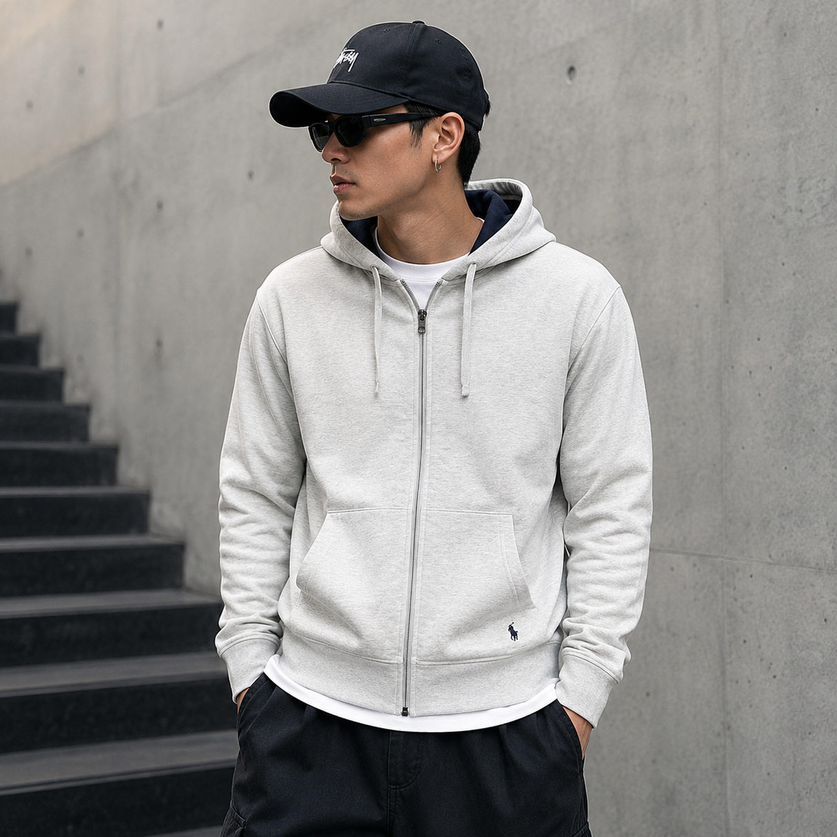 Grey Marl Ralph Lauren zip hoodie with front pockets and adjustable drawstrings, casual and comfortable apparel by POLO RALPH LAUREN.
