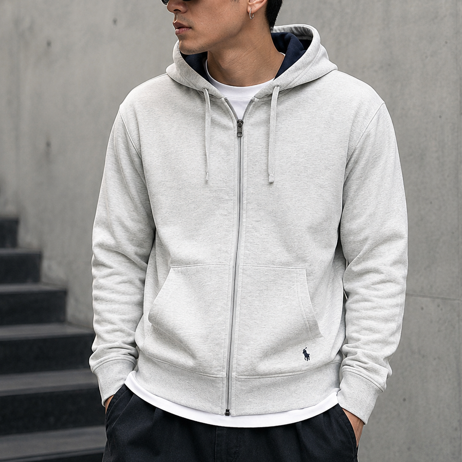 Grey marl Ralph Lauren zip hoodie from POLO RALPH LAUREN, showing the front view with a full zip and logo detail.