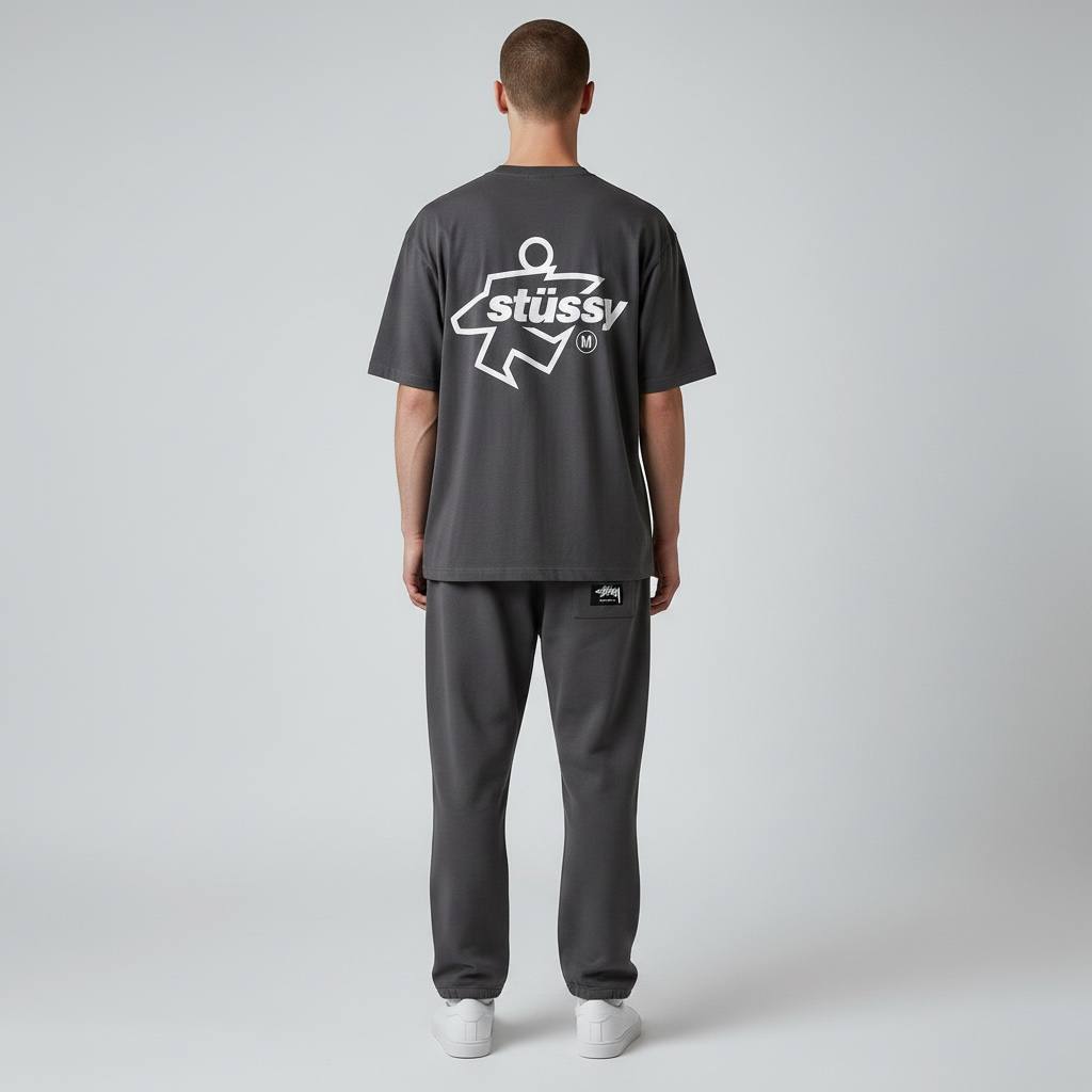 Black Stussy Surf Logo T-shirt featuring a prominent surf logo design on the front, casual apparel for streetwear and surf style.