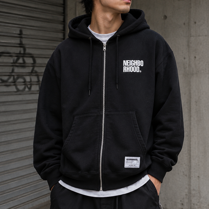 Black Neighborhood Classic Zip Hoodie, image shows front view with zip closure, hood, and casual fit, made by NEIGHBORHOOD APPARELS.