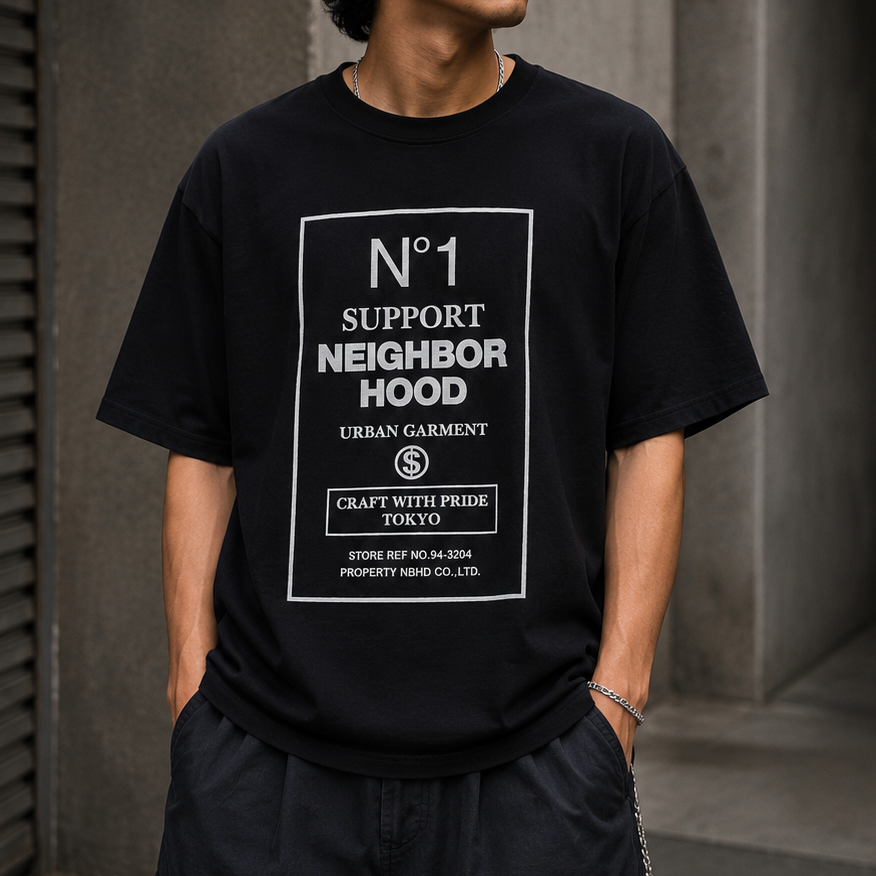 Black Neighborhood SS-15 N1 Tee shirt with short sleeves and crew neckline, displayed flat for apparel product listing