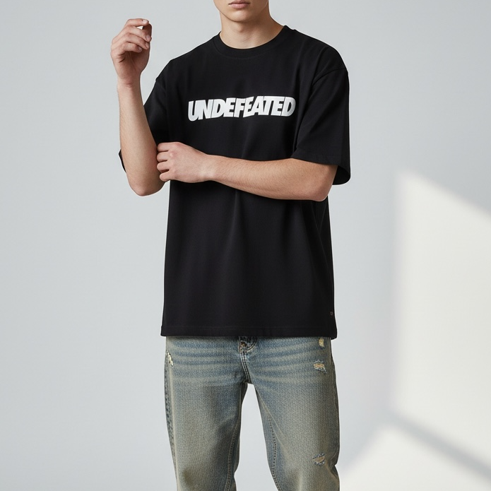 Black Undefeated Signature Logo Tee shirt featuring the iconic UNDEFEATED logo on the front, made of comfortable cotton fabric.