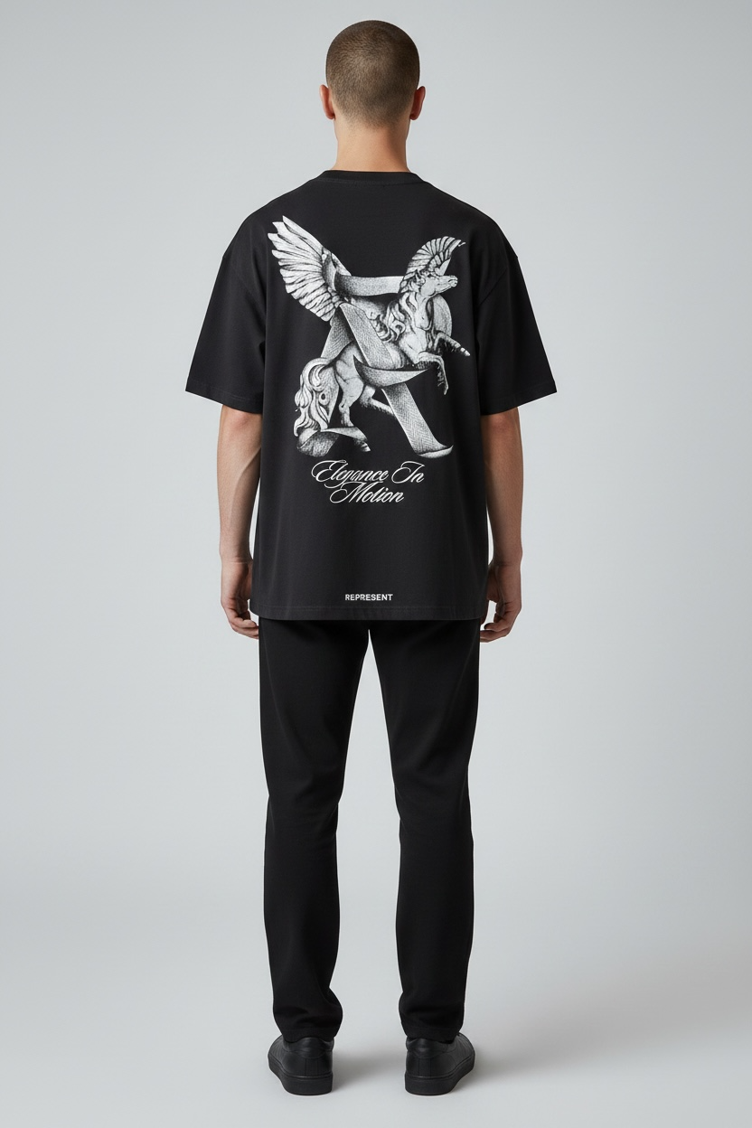 Black REPRESENT Elegance In Motion Tee displayed on a mannequin, showcasing a fitted casual t-shirt with a round neckline.