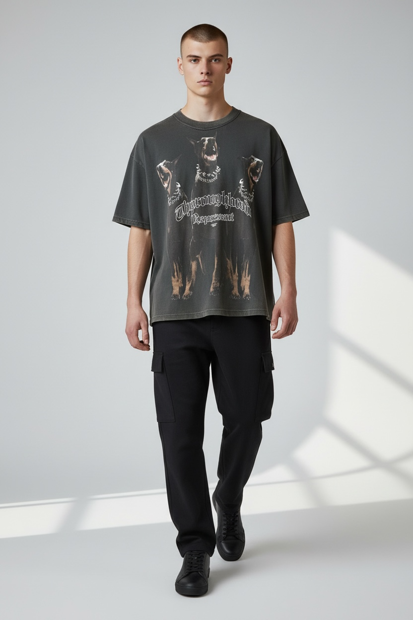 Black Represent Thoroughbred Tee featuring a classic crew neck and logo print on the front.