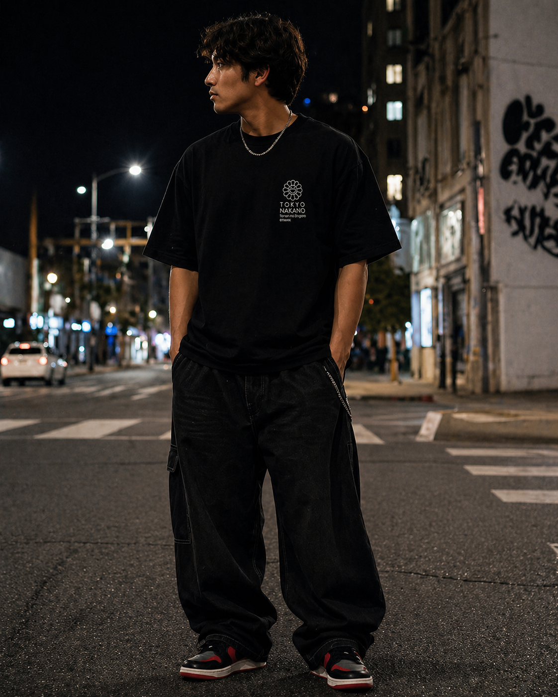 Takashi Murakami Bright Red Flower Ball Tee in black, featuring colorful graphic print, casual short-sleeve T-shirt.