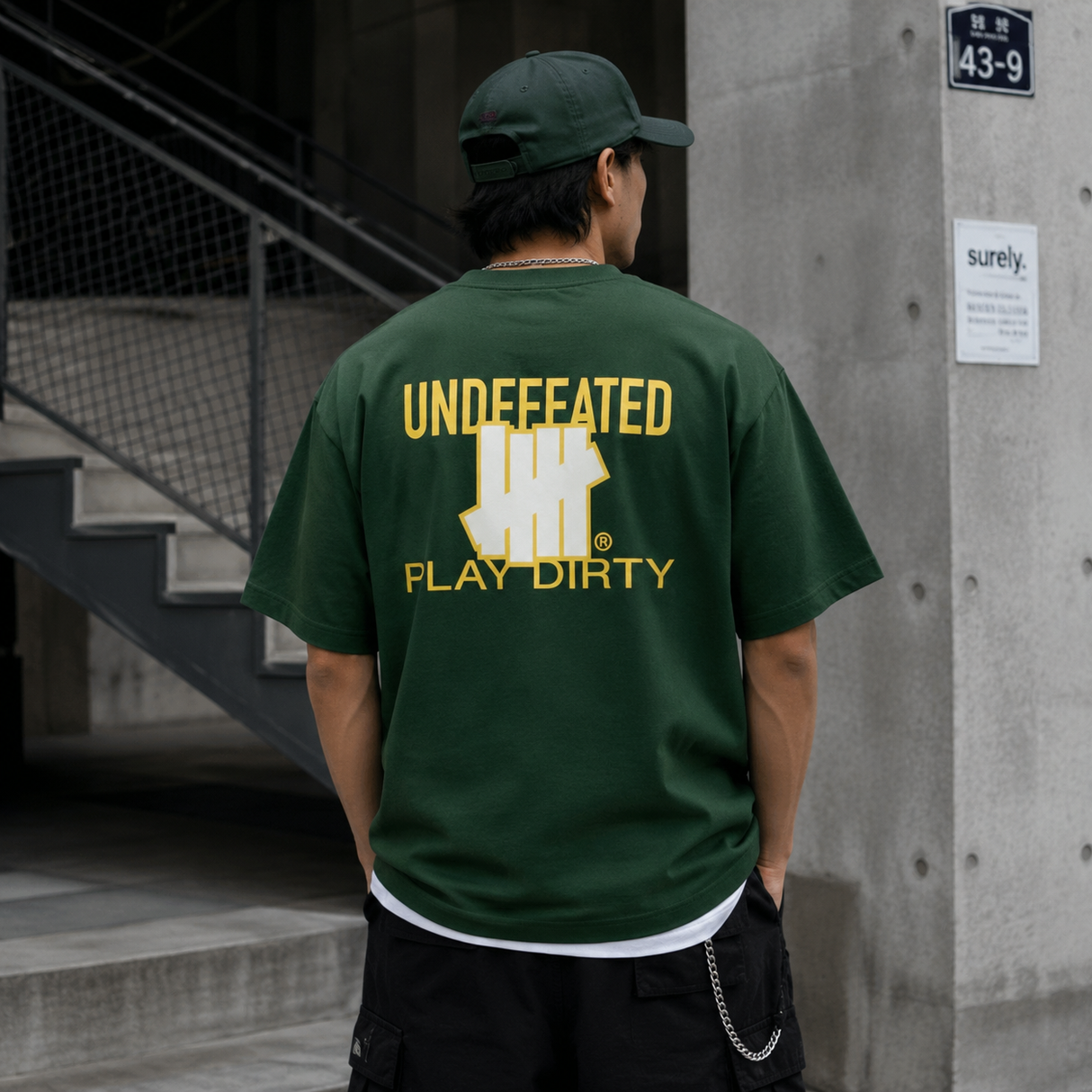 Undefeated Trademark Tee in forest green, casual men's t-shirt with bold logo design, laid flat on a white background.