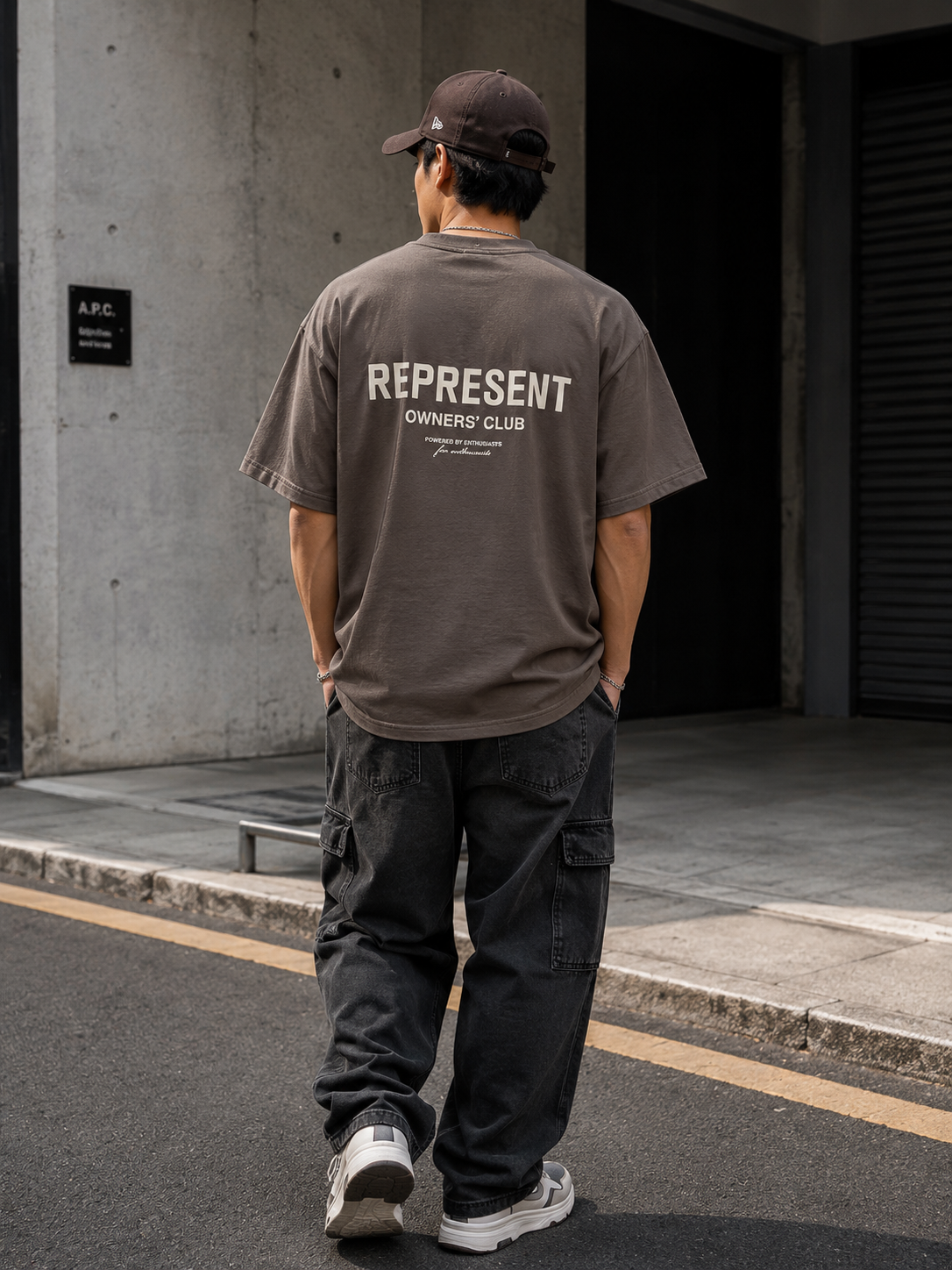 Represent Owners Club Logo Tee in fog color featuring the brand's logo on the front, casual fit, and comfortable cotton fabric.