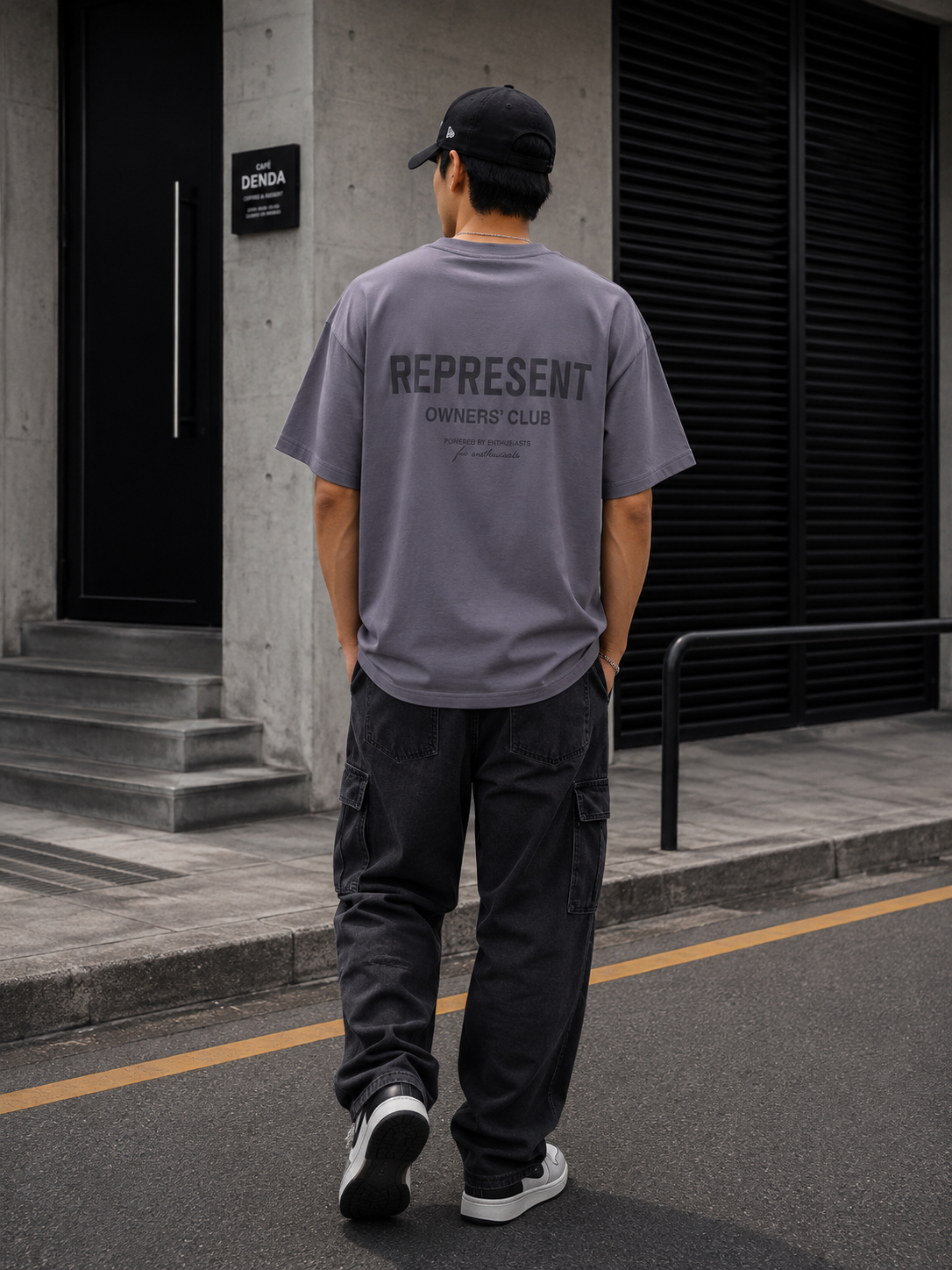 Represent Owners Club Applique Logo T-shirt in storm gray with a bold logo front design, casual streetwear style.