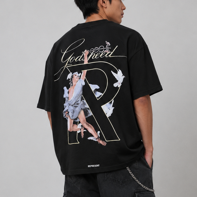 Black Represent Hermes Tee apparel, featuring the brand logo on the front, laid flat for display.