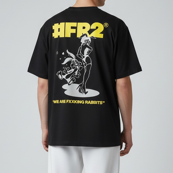 Black FR2 Bunny Seduction tee featuring a bold graphic design, displayed on a flat lay with a casual, stylish vibe.