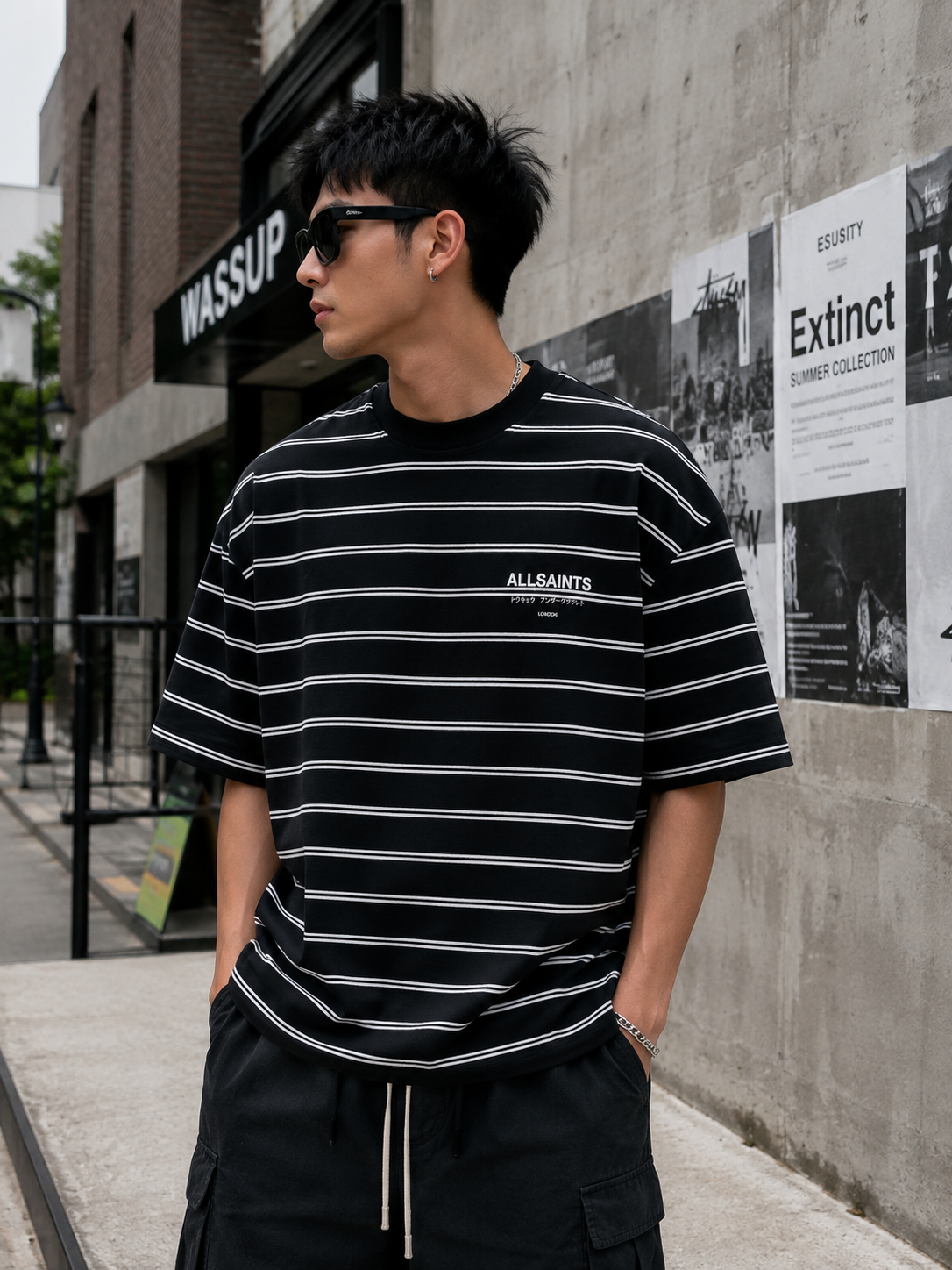 AllSaints Underground Logo Striped Black T-shirt featuring bold logo print and black and white striped pattern.