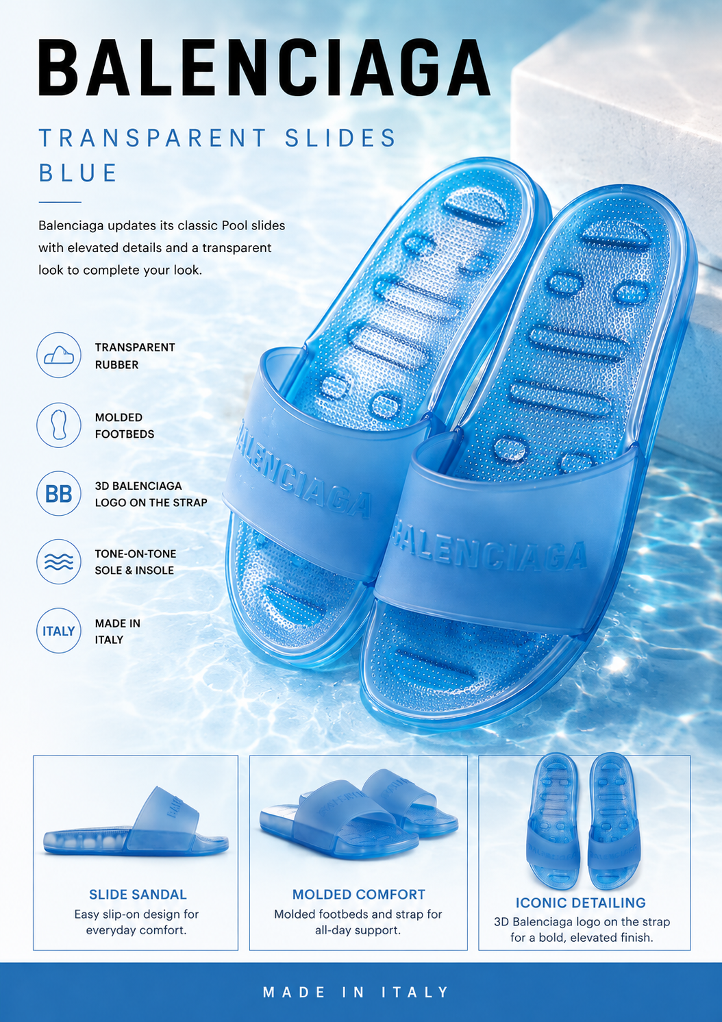 Blue Balenciaga transparent slides, stylish open-toe shoes with clear design and Balenciaga branding, perfect for casual wear.
