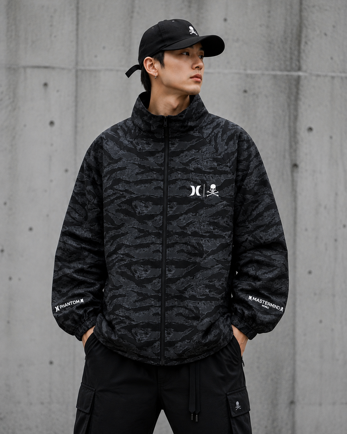 Mastermind x Hurley Japan Phantom woven zip-up jacket, black with logo details, casual streetwear accessory from MASTERMIND JAPAN.