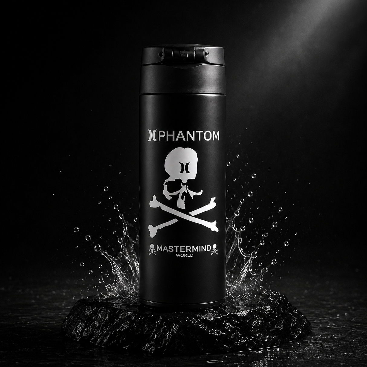 Mastermind Japan Thermo Water Bottle 500ml, black stainless steel with logo, durable accessory for hot and cold beverages.