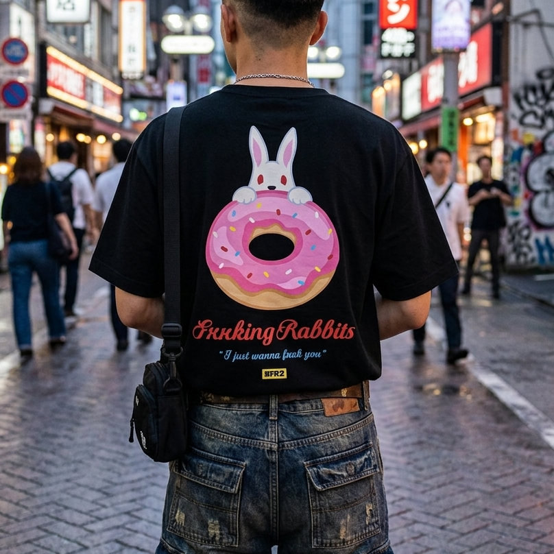Black FR2 Sugar Donut Tee, a stylish casual apparel shirt with colorful donut graphic, displayed on a plain background.