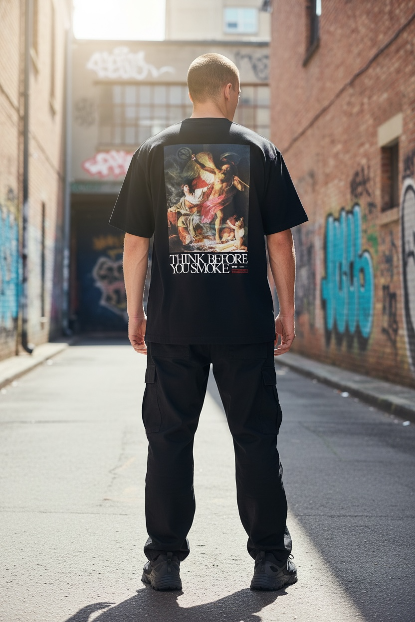Black FR2 Think Before You Smoke art T-shirt, featuring bold graphic design, casual fit, and streetwear style.