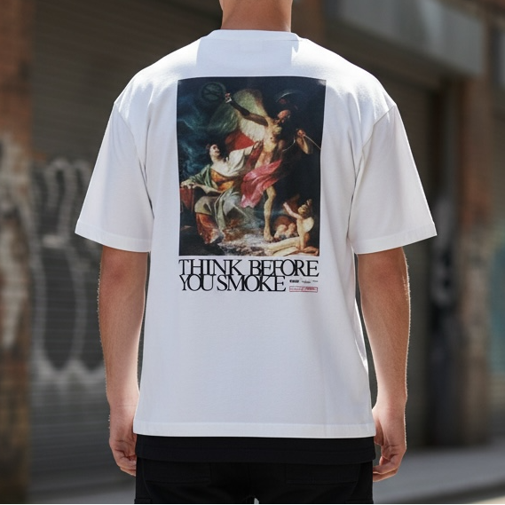 FR2 Think Before You Smoke art T-shirt in white, featuring bold graphic design on front, casual apparel for streetwear style.