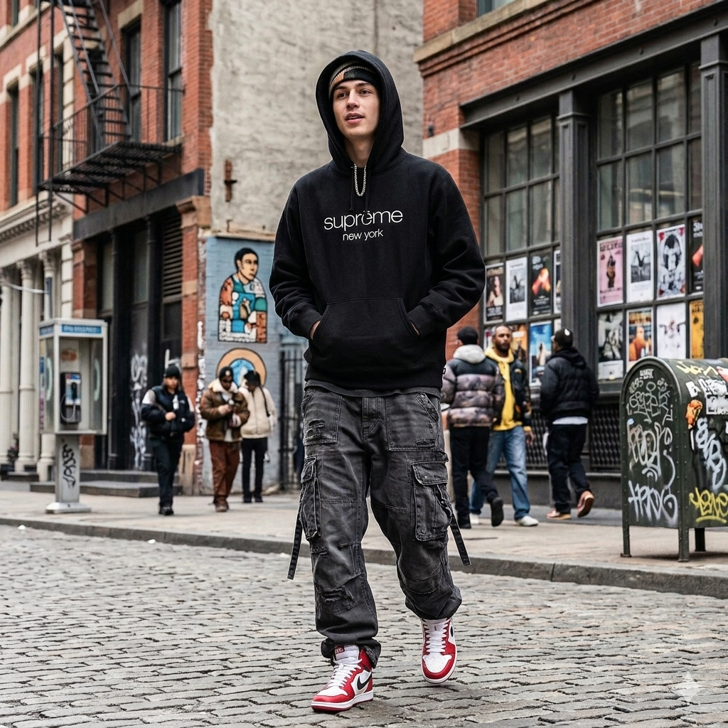 Black Supreme Classic Logo Hoodie with front logo design, casual fit, and soft fabric, shown from front view.