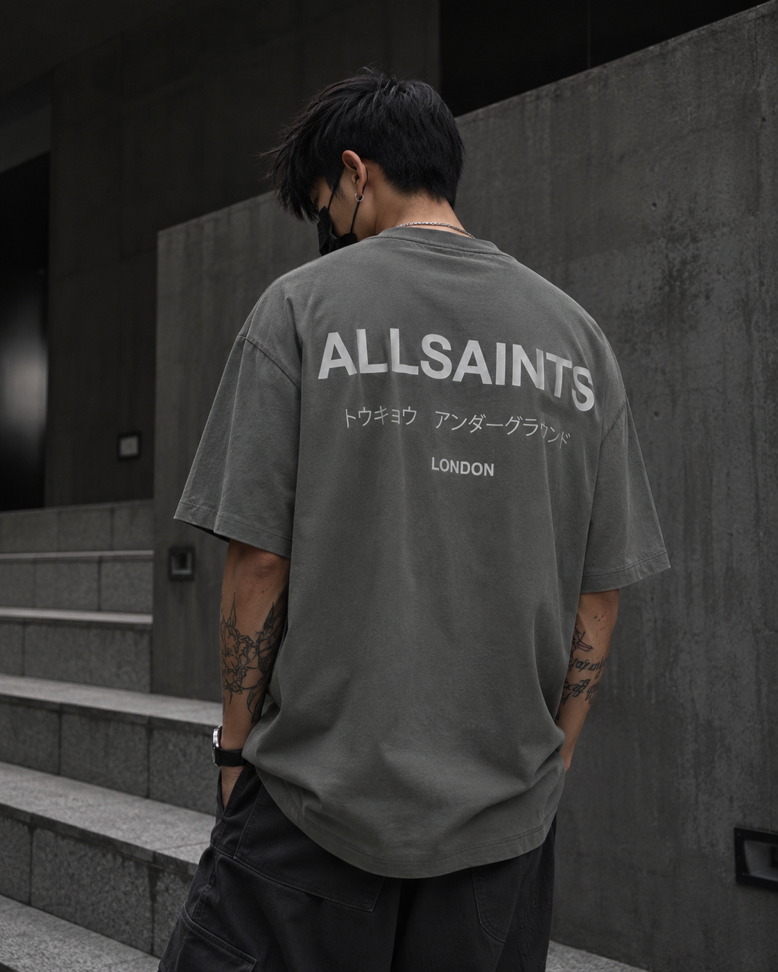 AllSaints Underground Logo Tee in Garnet Green, casual apparel featuring the brand's logo on a comfortable cotton t-shirt.