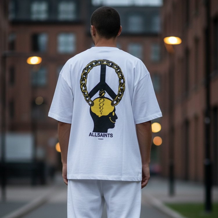 White AllSaints Peace Chain Tee shirt with graphic design and casual fit, displayed on a hanger or flat lay.