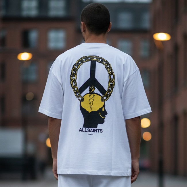 White AllSaints Peace Chain Tee shirt with graphic design and casual fit, displayed on a hanger or flat lay.