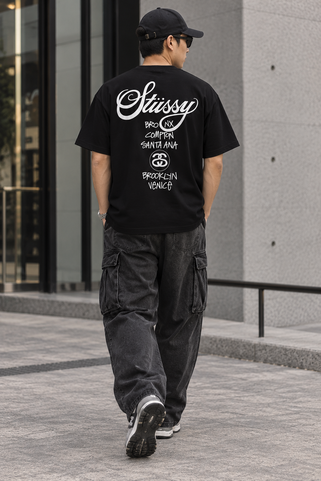 Black Stussy World Tour Tee shirt, casual apparel with graphic print, featuring the Stussy brand logo and tour design.