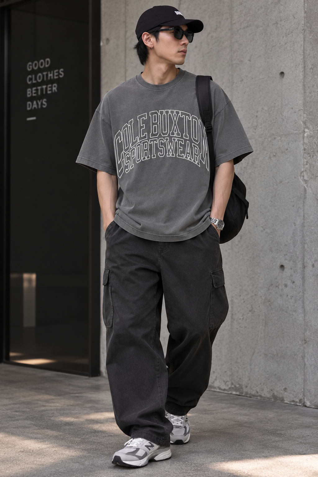 Cole Buxton Arch Logo T-shirt in Washed Black, casual apparel with a prominent logo on the front, made for everyday wear.