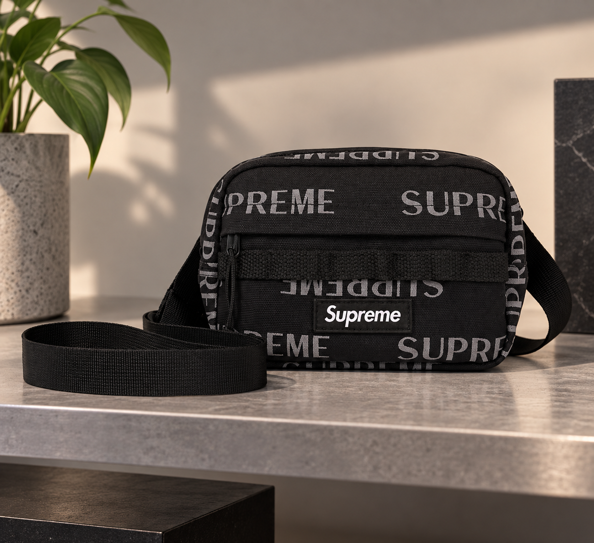 Black Supreme Reflective Monogram Logo Mini Shoulder Bag with sleek design and adjustable strap, ideal for compact carrying.