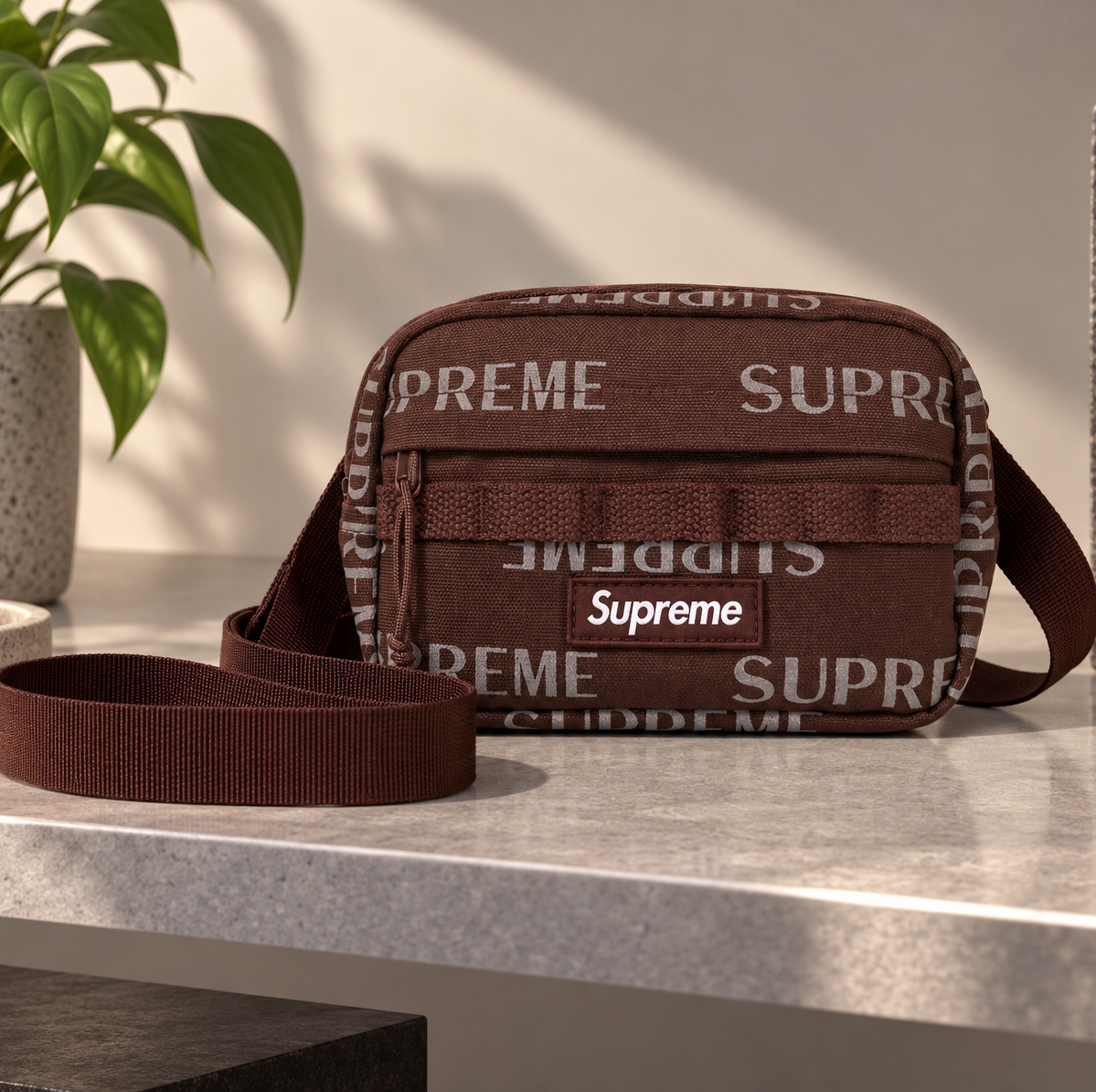 Supreme brown reflective monogram logo mini shoulder bag with adjustable strap and compact design.