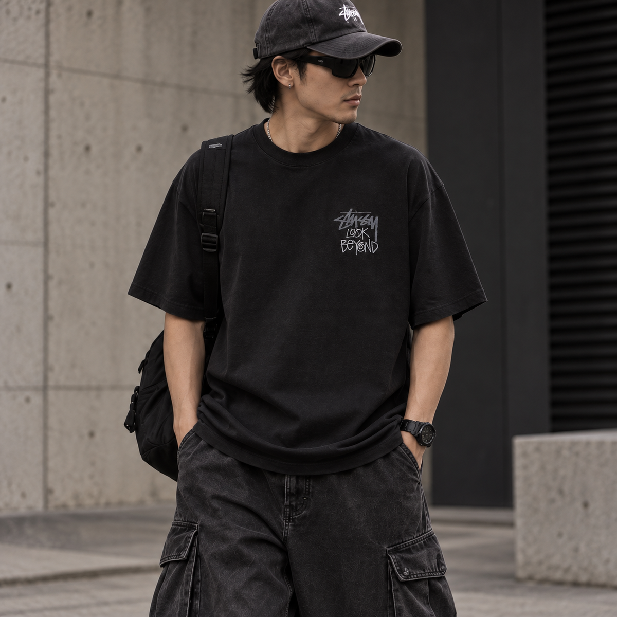 Black Stussy Look Beyond T-shirt featuring bold graphic design, casual fit, and classic streetwear style.