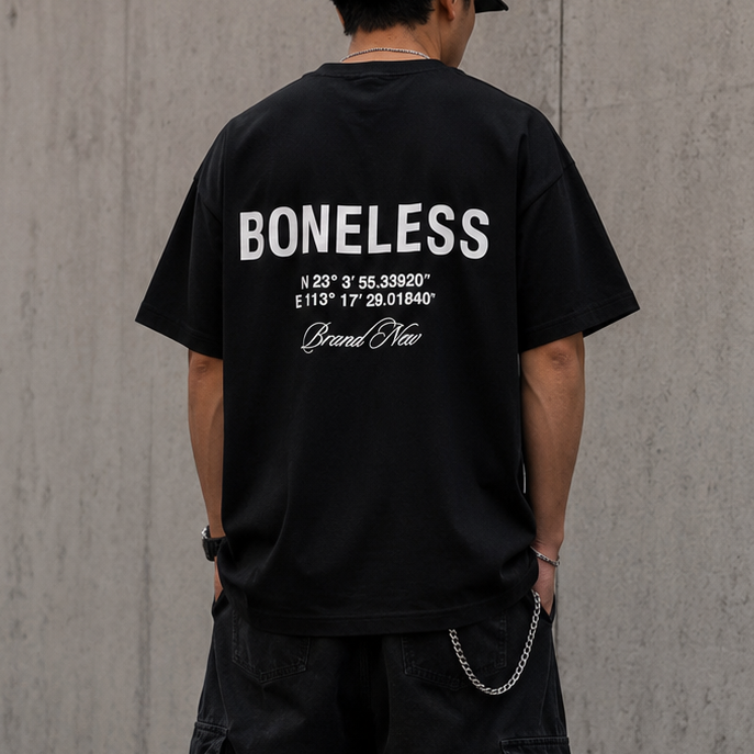 Black Boneless Coordinate Tee from BONELESS, soft cotton fabric, fitted casual t-shirt with crew neckline and short sleeves.
