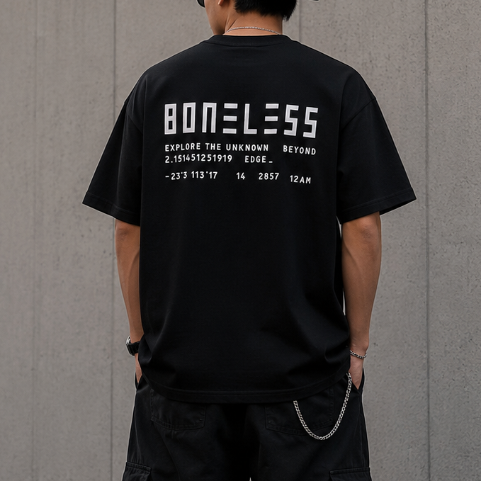 Black Boneless Signature Slogan Tee shirt from BONELESS, featuring a casual fit and bold logo print on the front.