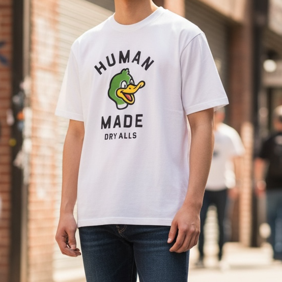 White Human Made Duck Tee shirt featuring a graphic duck design, casual apparel made from soft cotton fabric.