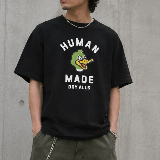 Black Human Made Duck Tee featuring a detailed duck graphic on the front, casual fit, and classic crew neckline.