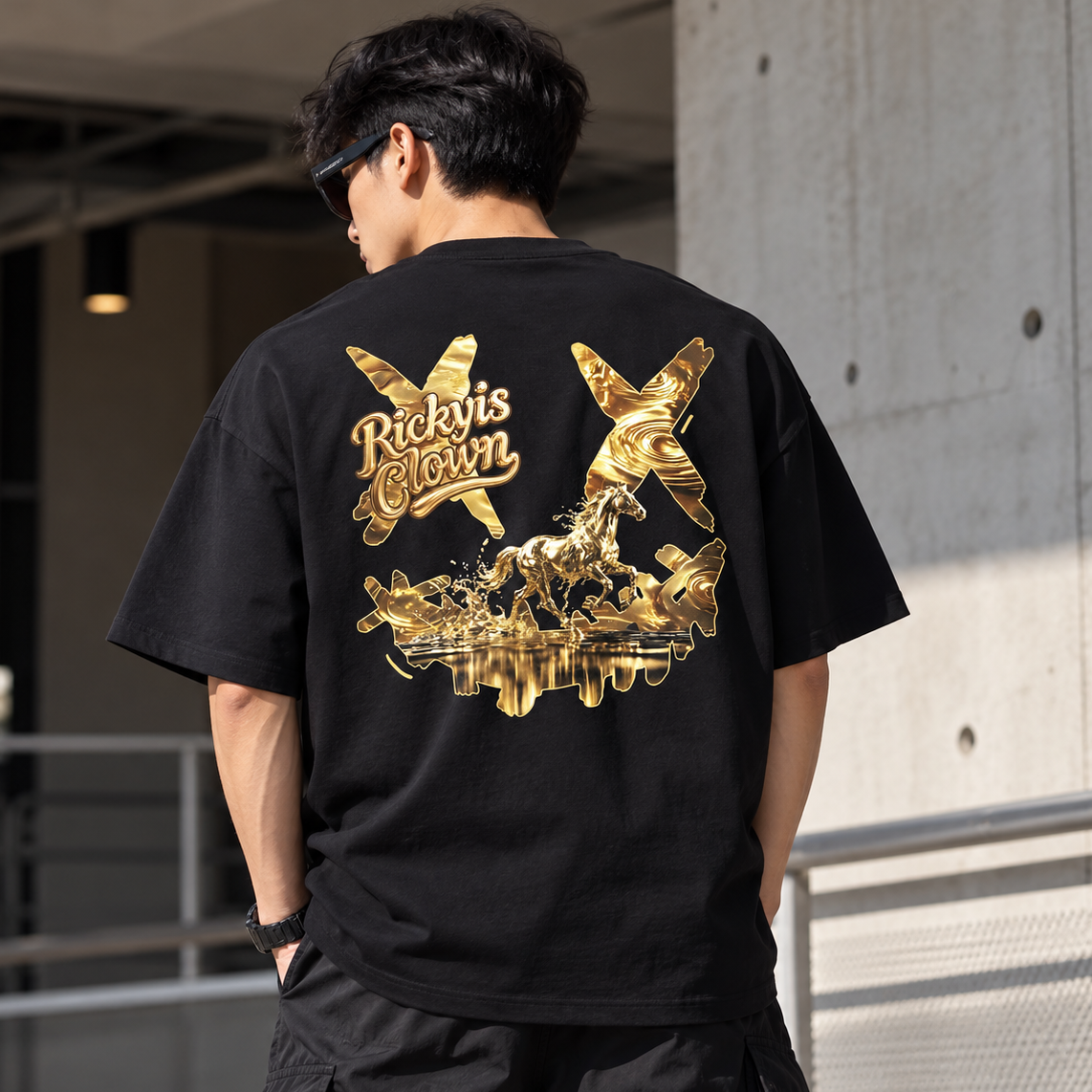 Black Rickyisclown Golden Horse Tee featuring a gold horse graphic on the front, casual style, made by RICKYISCLOWN.