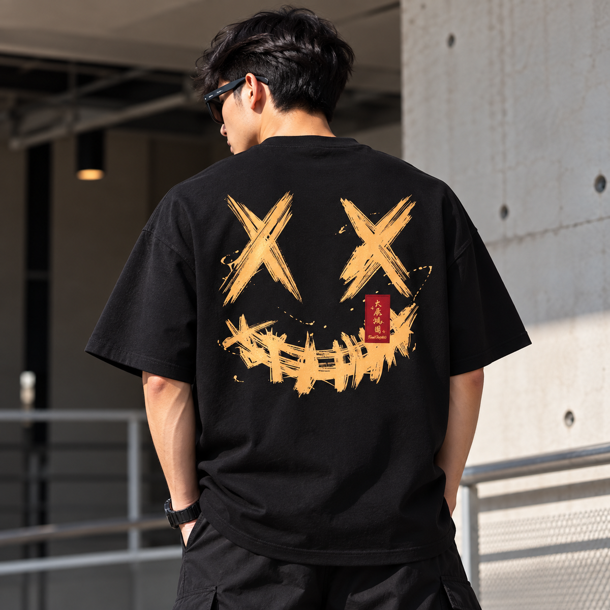 Black Rickyisclown Golden Blessing Tee with logo design, casual crewneck shirt for men or women, front view.