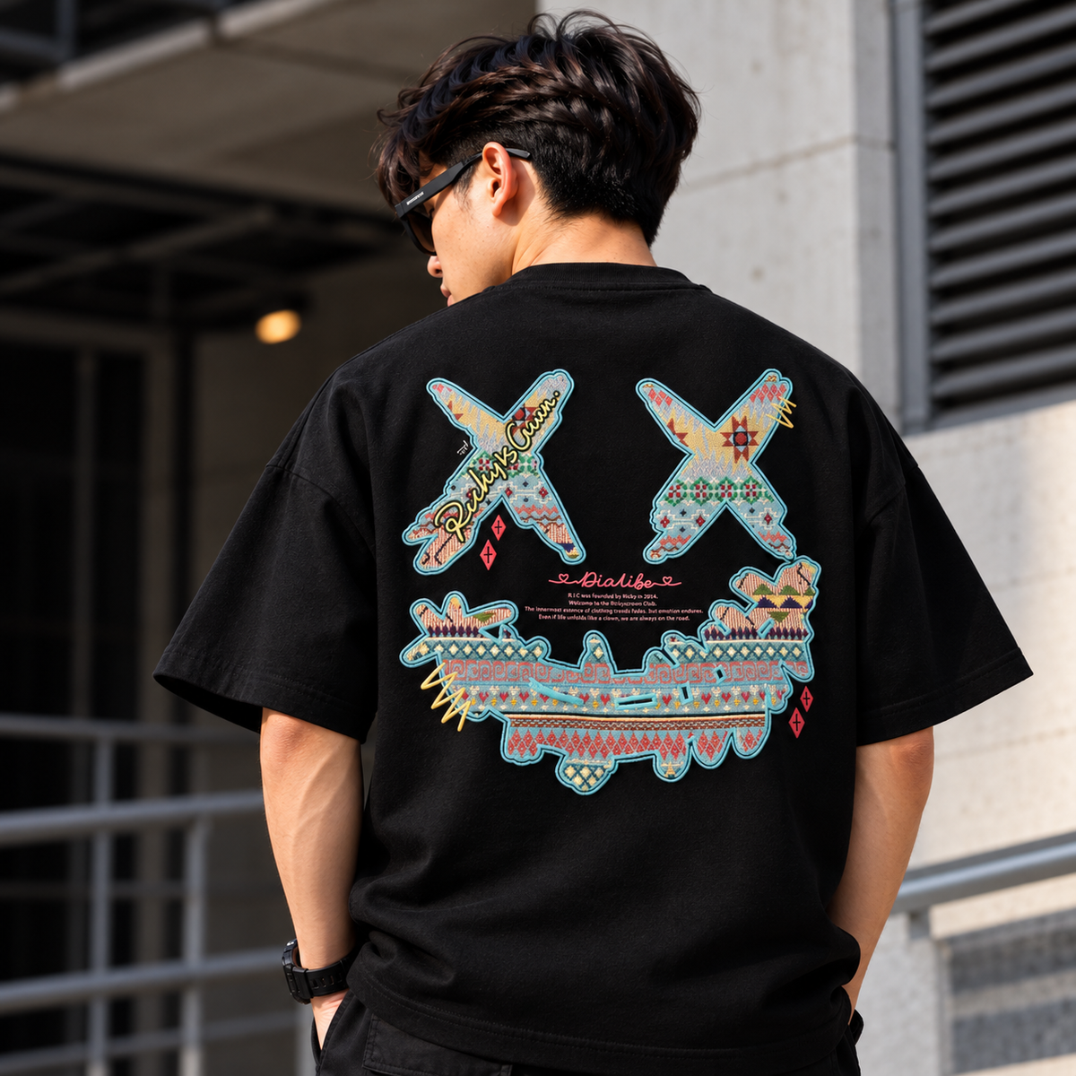 Black Rickyisclown Sky Tribal Embossed Tee with textured tribal design, casual fit, made by RICKYISCLOWN.