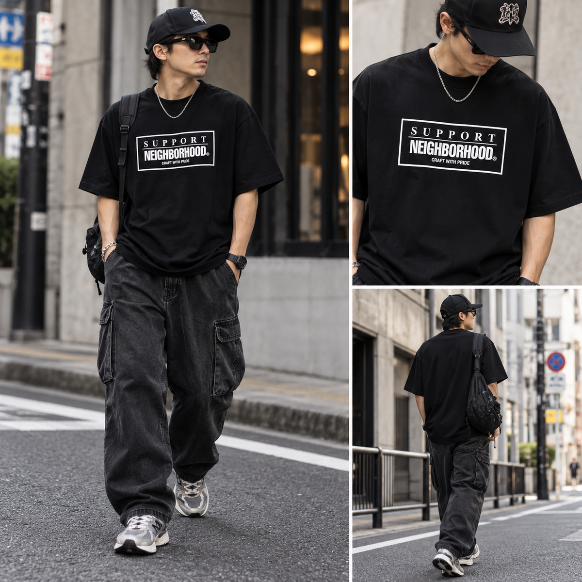 Black NEIGHBORHOOD SS-7 Tee shirt with short sleeves, casual apparel displayed on a hanger.