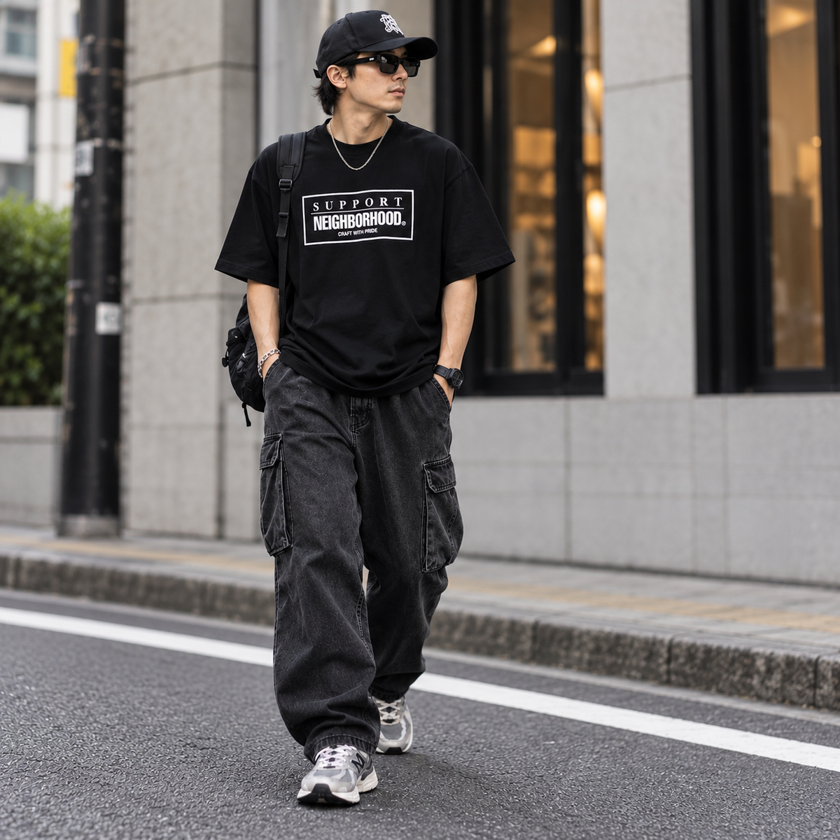 Black NEIGHBORHOOD SS-7 Tee shirt shown laid flat, featuring a simple crew neck and short sleeves, made of soft cotton fabric.