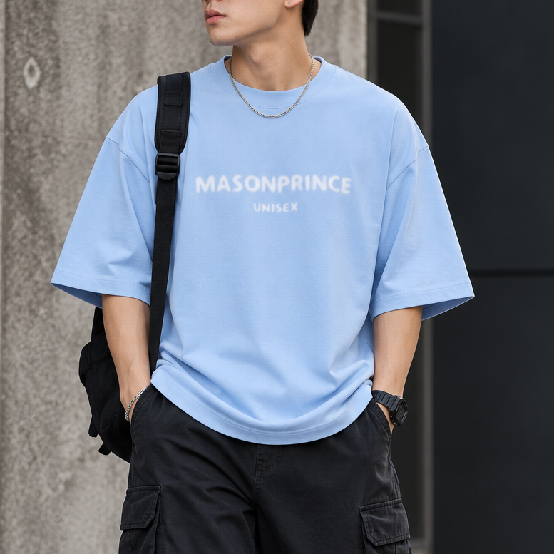 Sky blue MasonPrince Classic Spray Logo Tee, casual apparel with a front spray logo design and relaxed fit.