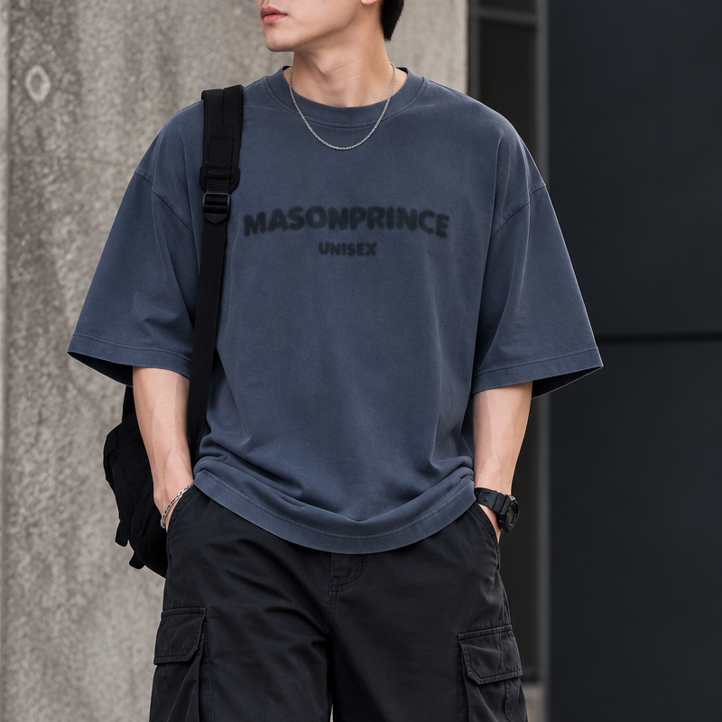 MasonPrince Classic Spray Logo Tee in Haze Blue, casual short-sleeve apparel with spray logo design on front.