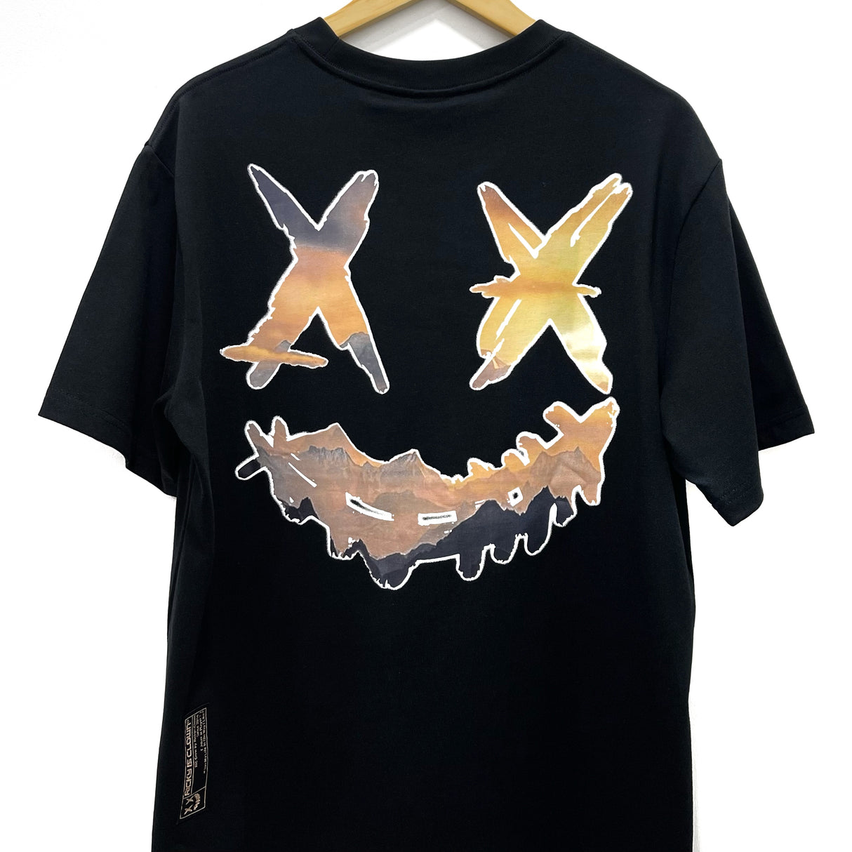 Black Rickyisclown Mountain Smiley T-shirt with colorful mountain and smiley graphic, casual fit, men's apparel by RICKYISCLOWN.